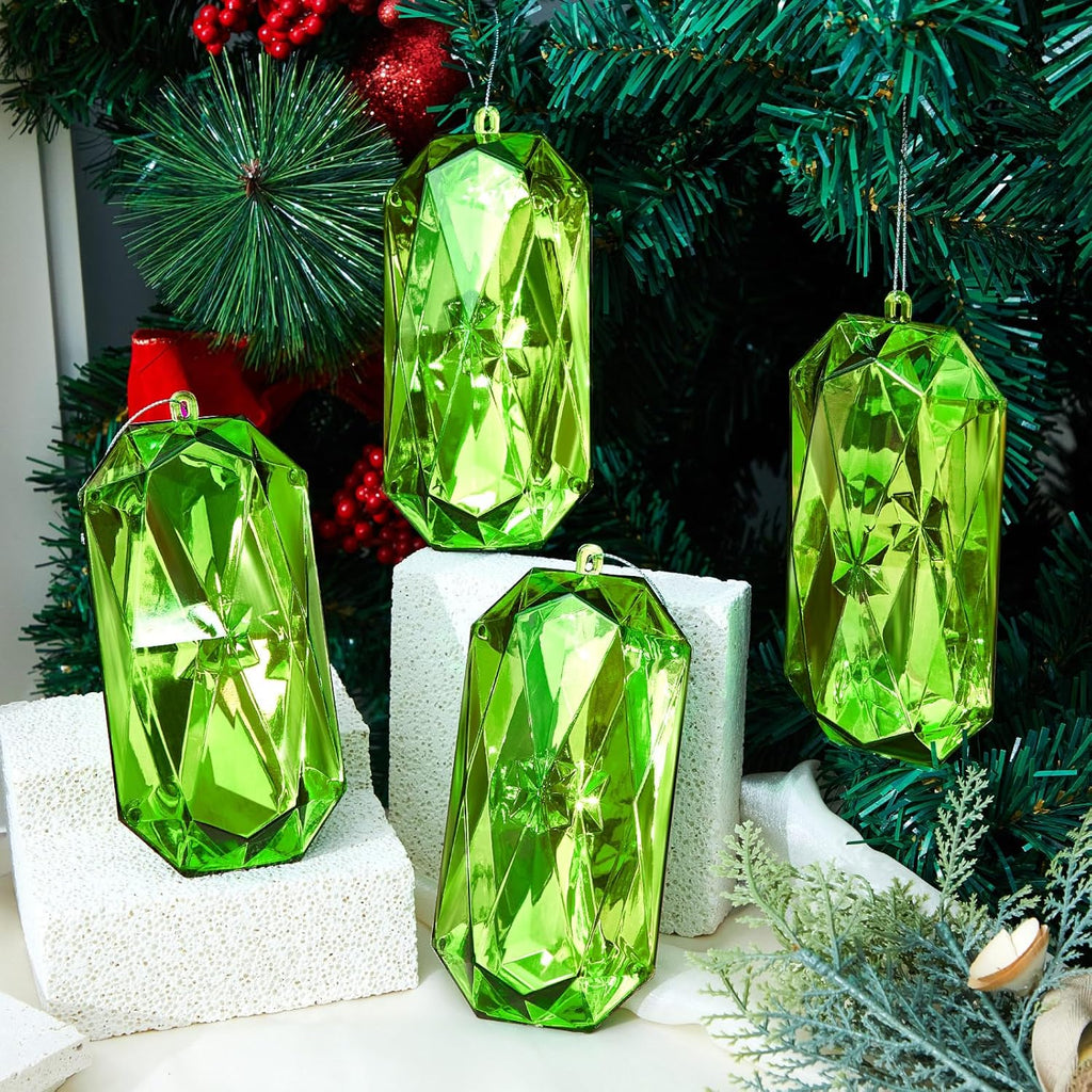 Syhood 4 Pack Green Jewel Ornaments - 5.7 Inch Acrylic Glitter Decorations for Christmas Tree & Holiday Parties