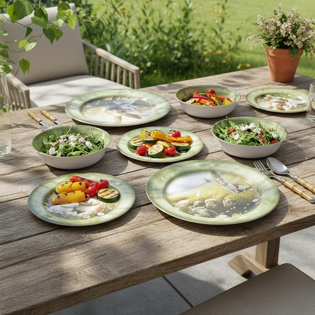 Skiennix 12-Piece Melamine Dinnerware Set - Lightweight Shatterproof Plates & Bowls for 4 | Green Bunny Design, Ideal for Picnics & Outdoor Parties