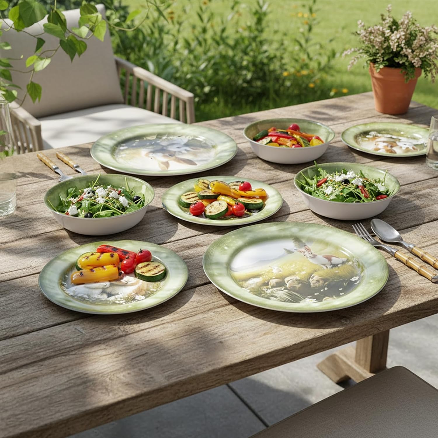 Skiennix 12-Piece Melamine Dinnerware Set - Lightweight Shatterproof Plates & Bowls for 4 | Green Bunny Design, Ideal for Picnics & Outdoor Parties