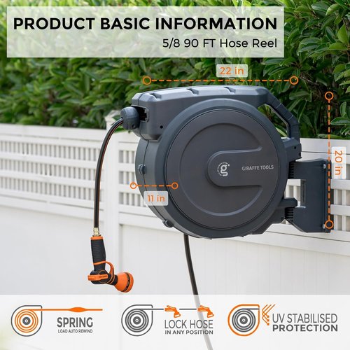 Giraffe Tools Retractable Garden Hose Reel - 90 Ft Wall-Mounted with 180° Swivel Bracket & 9 Pattern Nozzle