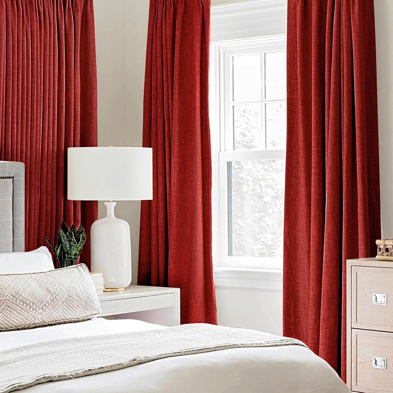 MIULEE 100% Blackout Linen Curtains - Thermal Insulated Red Grommet Drapes for Bedroom | 52 x 96 Inch (2 Panels)