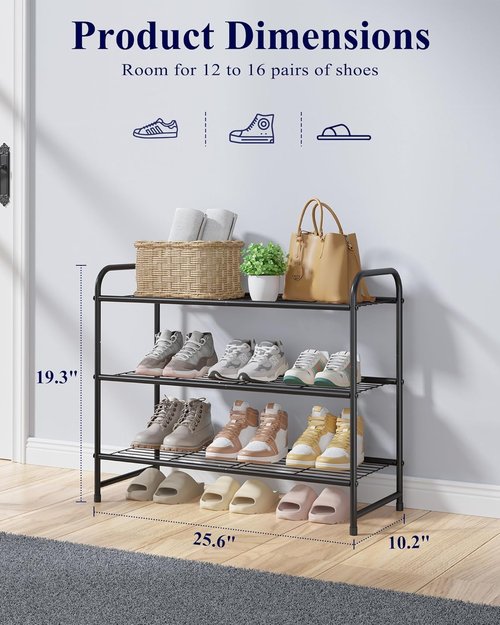 Kitsure Shoe Rack - Sturdy Stainless Steel Organizer for Closet & Entryway | 3-Tier, 25.6" Wide, Black