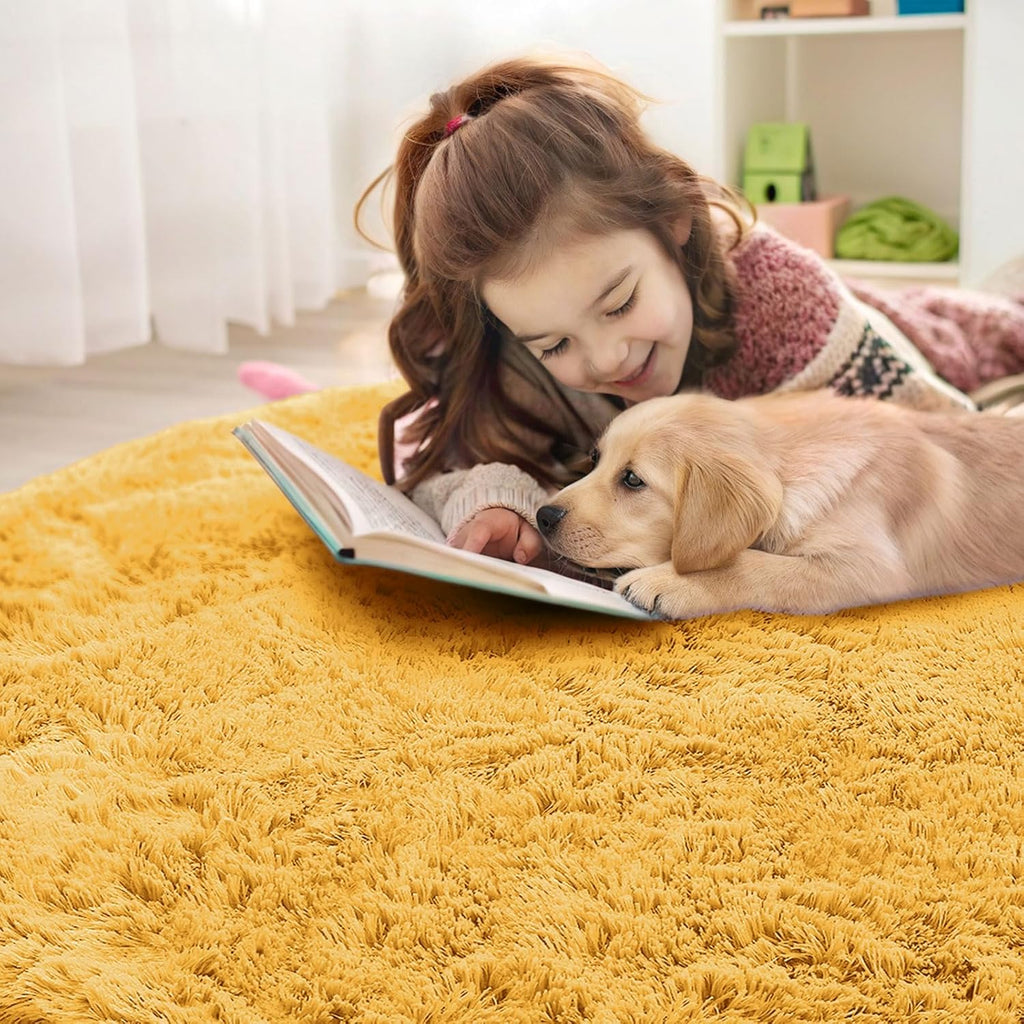 OLANLY Round Mustard Yellow Rug - Soft, Fluffy Shaggy Carpet for Bedroom, 4 ft Circle Area Rug | Machine Washable