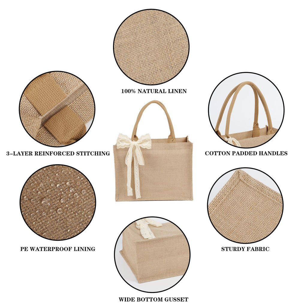 Karinoos 6pcs Burlap Tote Bag Set with Handles, Waterproof Reusable Blank Grocery Bags with Ribbon Large Jute Tote 15.35 * 6 * 12 Inch for Women Bridesmaid Gift Beach Pool Shopping Wedding Travel DIY