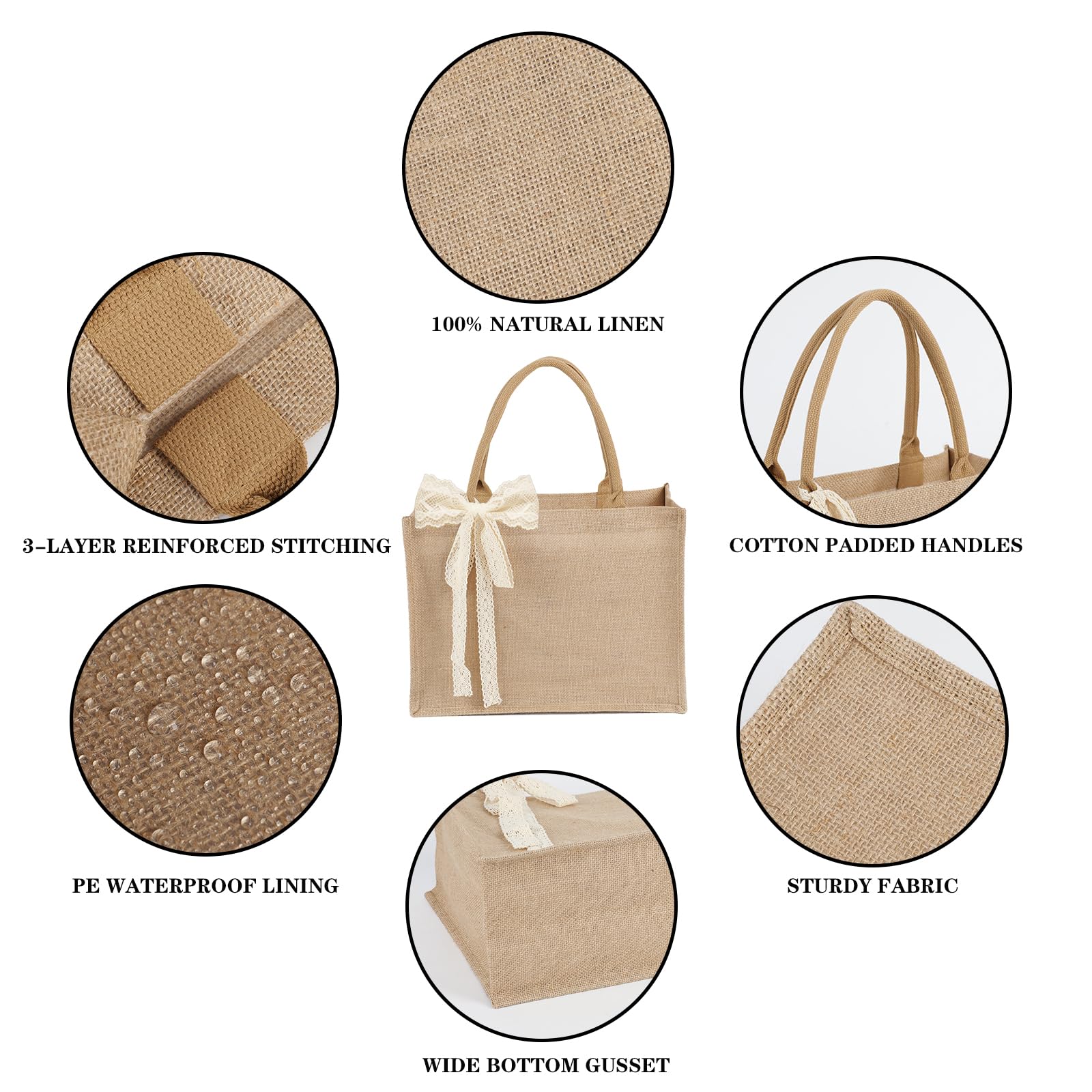 Karinoos 6pcs Burlap Tote Bag Set with Handles, Waterproof Reusable Blank Grocery Bags with Ribbon Large Jute Tote 15.35 * 6 * 12 Inch for Women Bridesmaid Gift Beach Pool Shopping Wedding Travel DIY