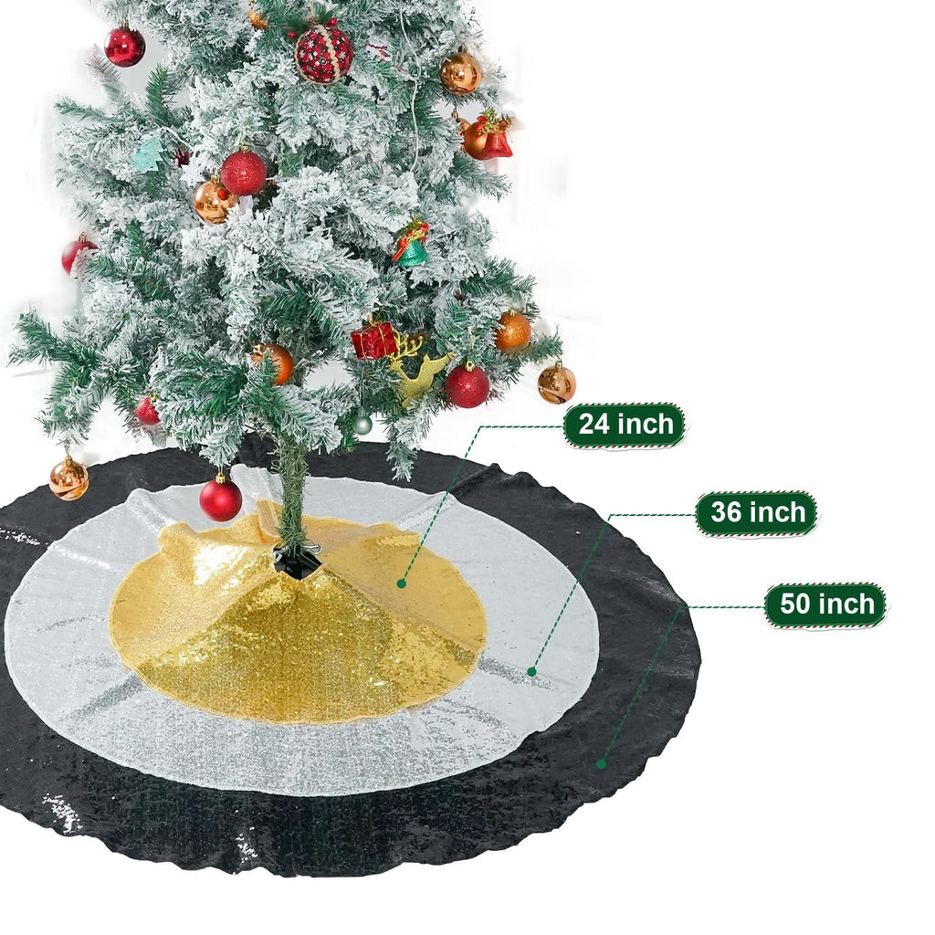 Poise3EHome Black Christmas Tree Skirt, 36 Inch Sparkle Sequin Mat for 6ft Tree Halloween Xmas Party Decor