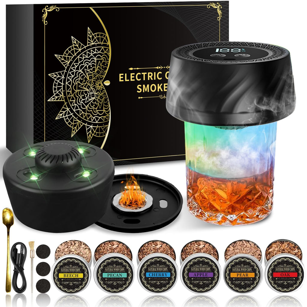 Electric Whiskey Smoker Kit, Fathers Day Mens Gifts for Men Dad Husband from Daughter Son Wife, Rechargeable Cocktail Smoker with 6 Wood Chips Built-in Lighter, Old Fashioned Bourbon Drink Smoker Kit