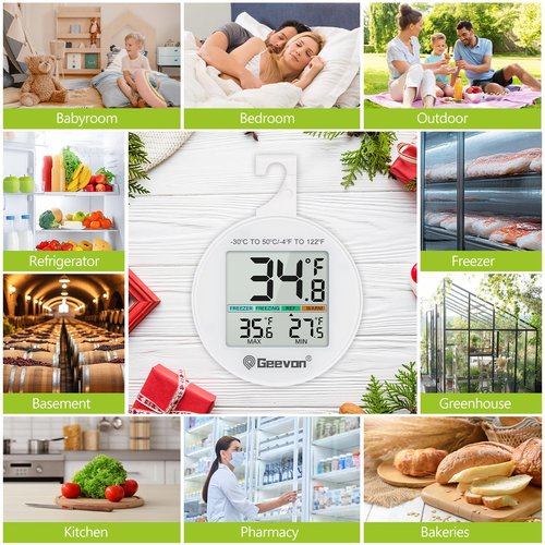 Geevon Small Digital Refrigerator Thermometer 2 Pack, IP65 Waterproof Commercial and Home Use, Max/Min Record Function with LCD Screen, Stand and Magnetic Back, for Fridge, Freezer Scenarios