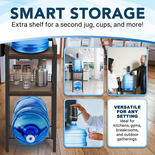 5 Gallon Water Dispenser Stand with Built-in Cup Holder and Electric Pump Included– Heavy Duty Water Jug Holder, Storage Shelf, Second Jug Space – Adjustable Height, Lightweight & Durable