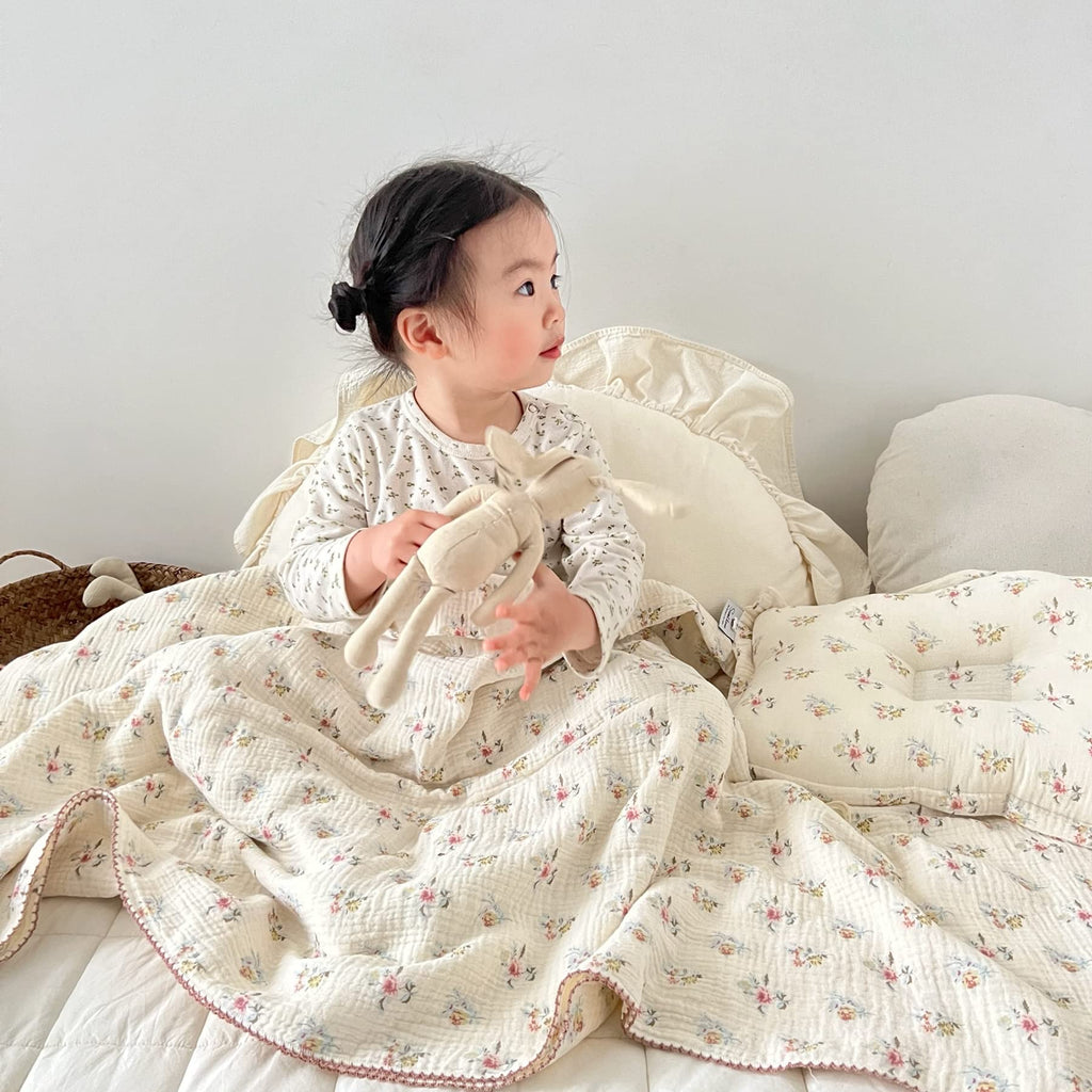 BuLuTu Large Cotton Muslin Kids Toddler Throw Blanket - 47''x51'' Reversible Lightweight Azalea Little Flower Thin Summer Quilt Baby Quilt for Crib Bed,Stroller,Travel,White