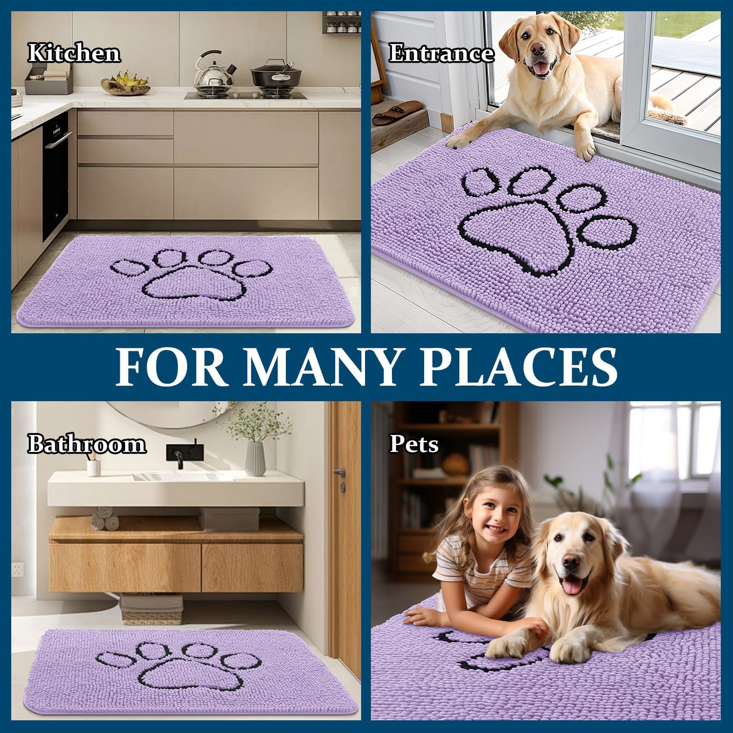 OLANLY Dog Door Mat - Absorbent Non-Slip Mud Mat for Muddy Paws | 36x24 Lavender Chenille Design