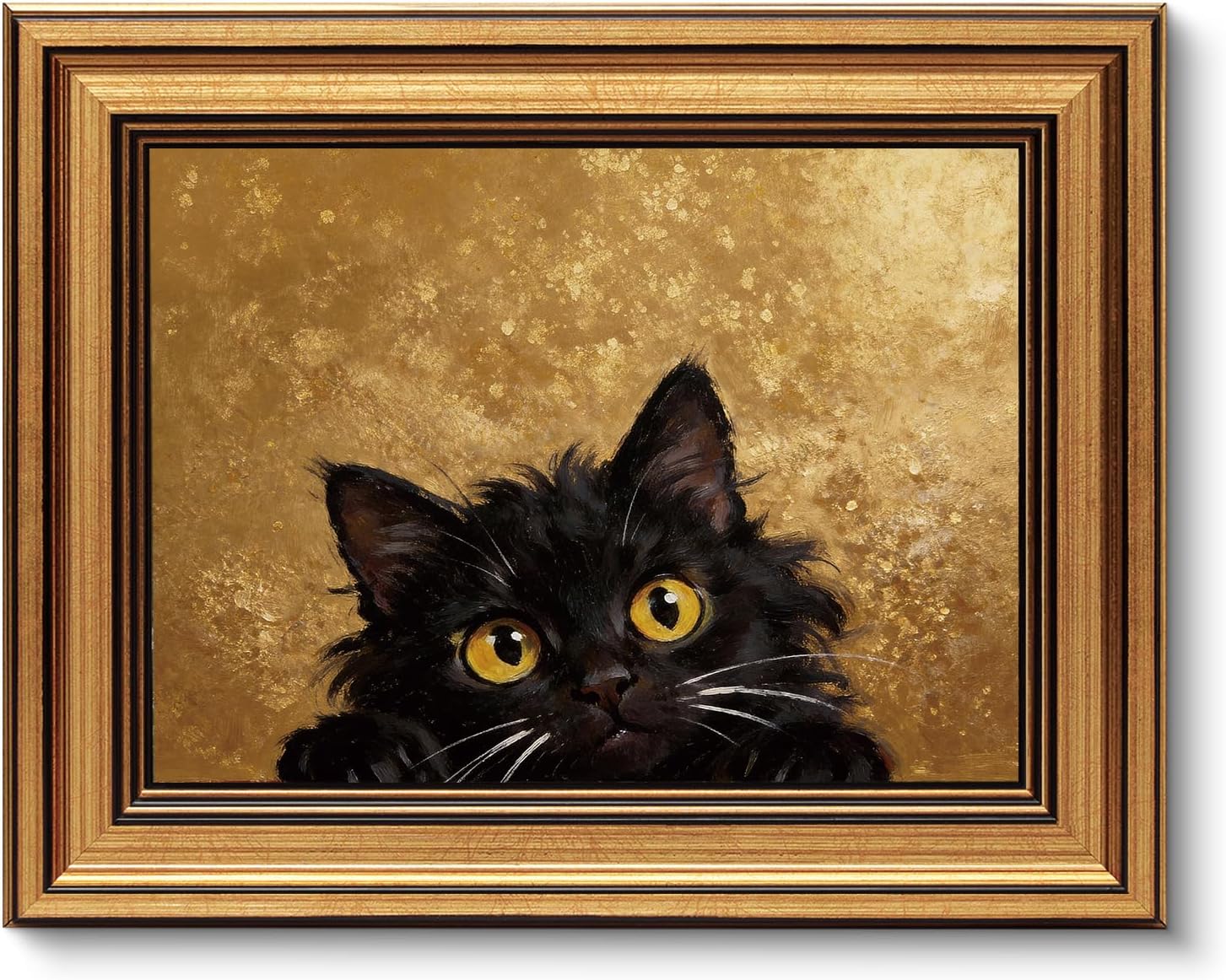 VIYYIEA Vintage Gold Framed Wall Art - Cute Black Cat Oil Painting for Home Décor | 8x10 Inch