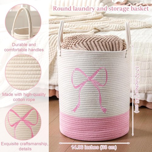 Honeydak Pink Laundry Basket - Coquette Cotton Rope Hamper for Girls | 15 x 17.7 Inches Storage Solution for Toys & Clothes