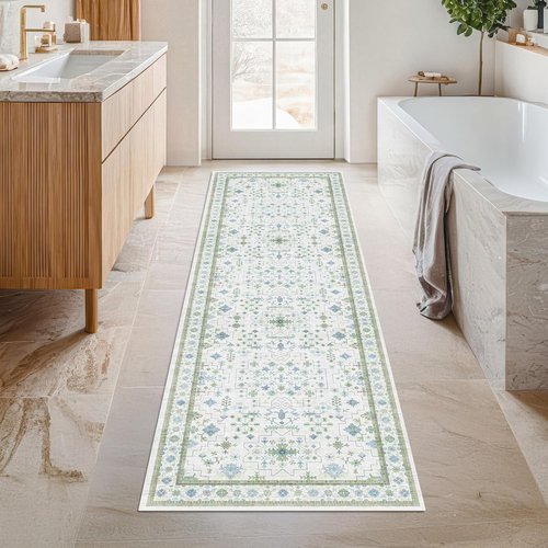 Hazo Haus Washable Oushak 2x6 Bathroom Runner Rug - Eclectic Boho Floral Design, Non-Slip & Stain Resistant in Cream Green