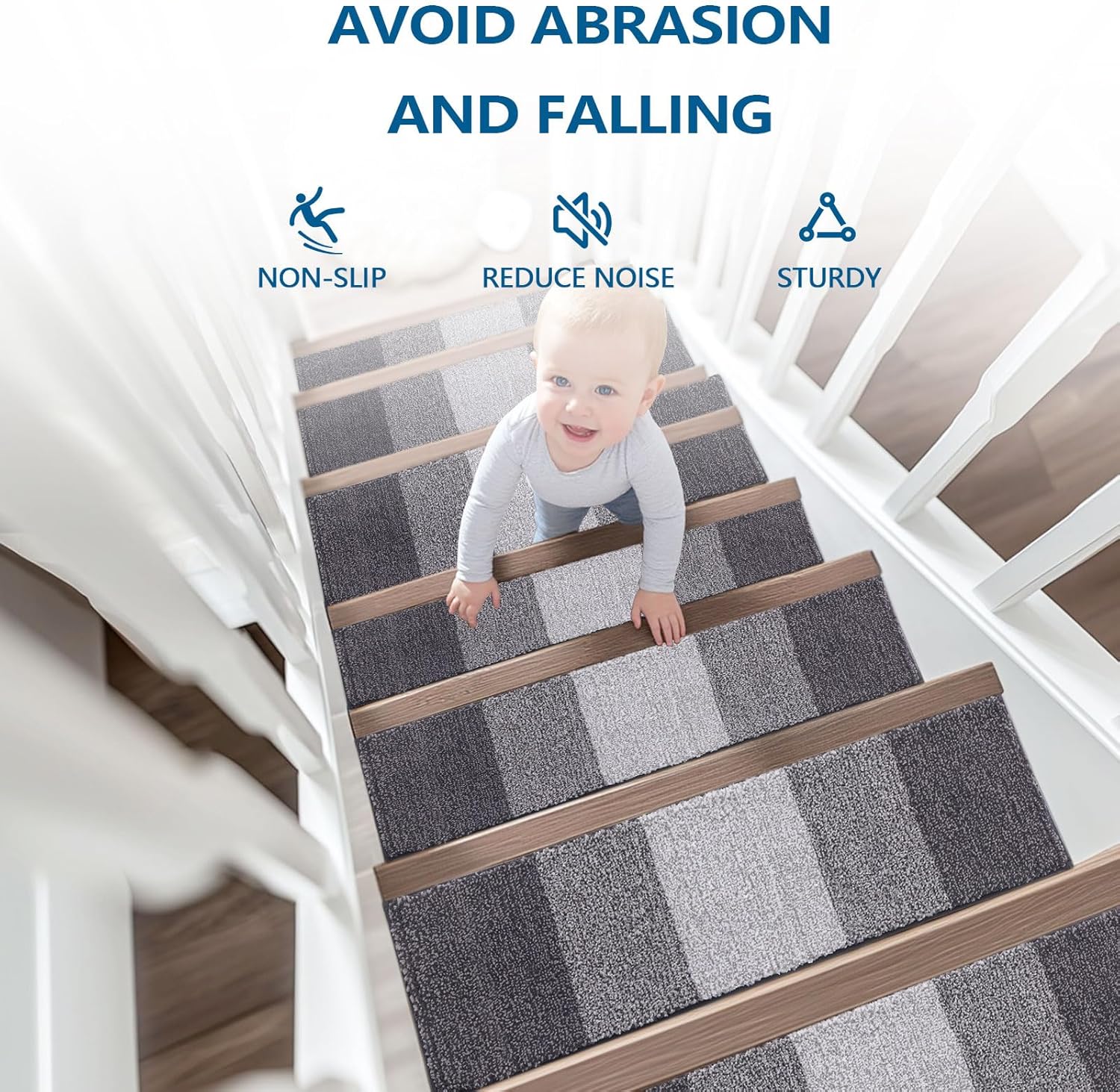 OLANLY Non-Slip Stair Treads - 15PCS Indoor Stair Runners for Wooden Steps | 8" x 30" Grey Edging Rugs with Reusable Peel and Stick Adhesive for Safety
