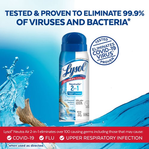 Lysol Neutra Air 2 in 1, Disinfectant Spray, Eliminates Odor, Driftwood Waters, 6 Pack (6x10 oz), Air Freshener