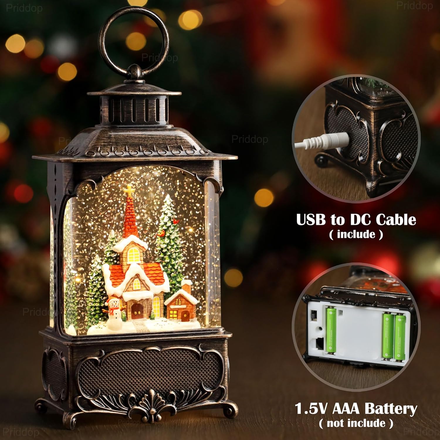 Priddop Church Snow Globe | Christmas Decorations with Snowman & Cardinal | 10.2-Inch Musical Lantern