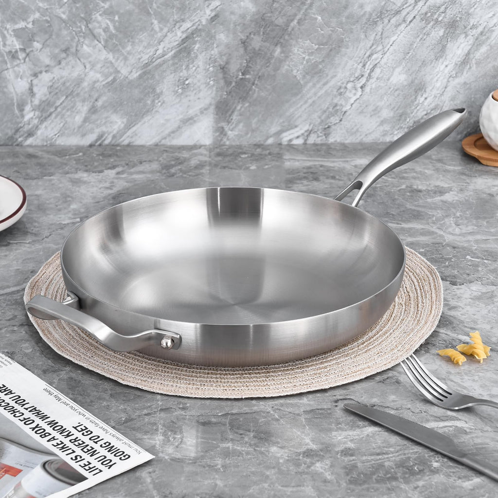 LOLYKITCH 14 Inch Tri-ply Stainless Steel Frying Pan with Lid and Helper Handle,Large Skillet,Induction Chef's Cooking Pan,Oven Safe and Detachable Handle