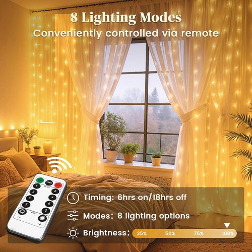 DomeStar 300 LED Curtain Lights - 9.8 x 9.8 FT Fairy Lights with 8 Modes Remote | Warm White Ambient Decor