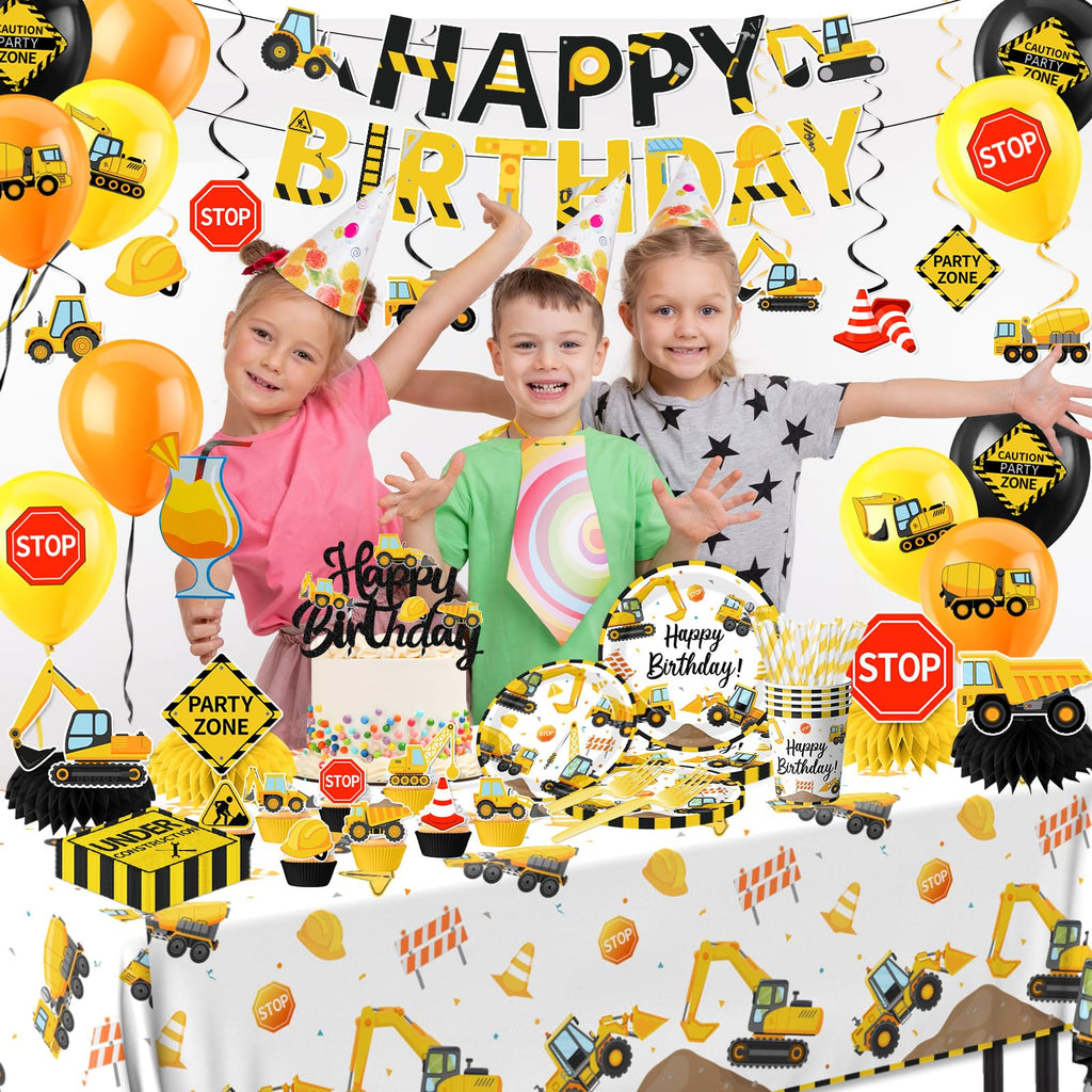 Construction Birthday Decorations,245PCS Construction Birthday Party Supplies-Includes Plates Napkins Cups Banner Balloons Tablecloth and Cake Toppers for Kids TruckTheme Celebration Tableware