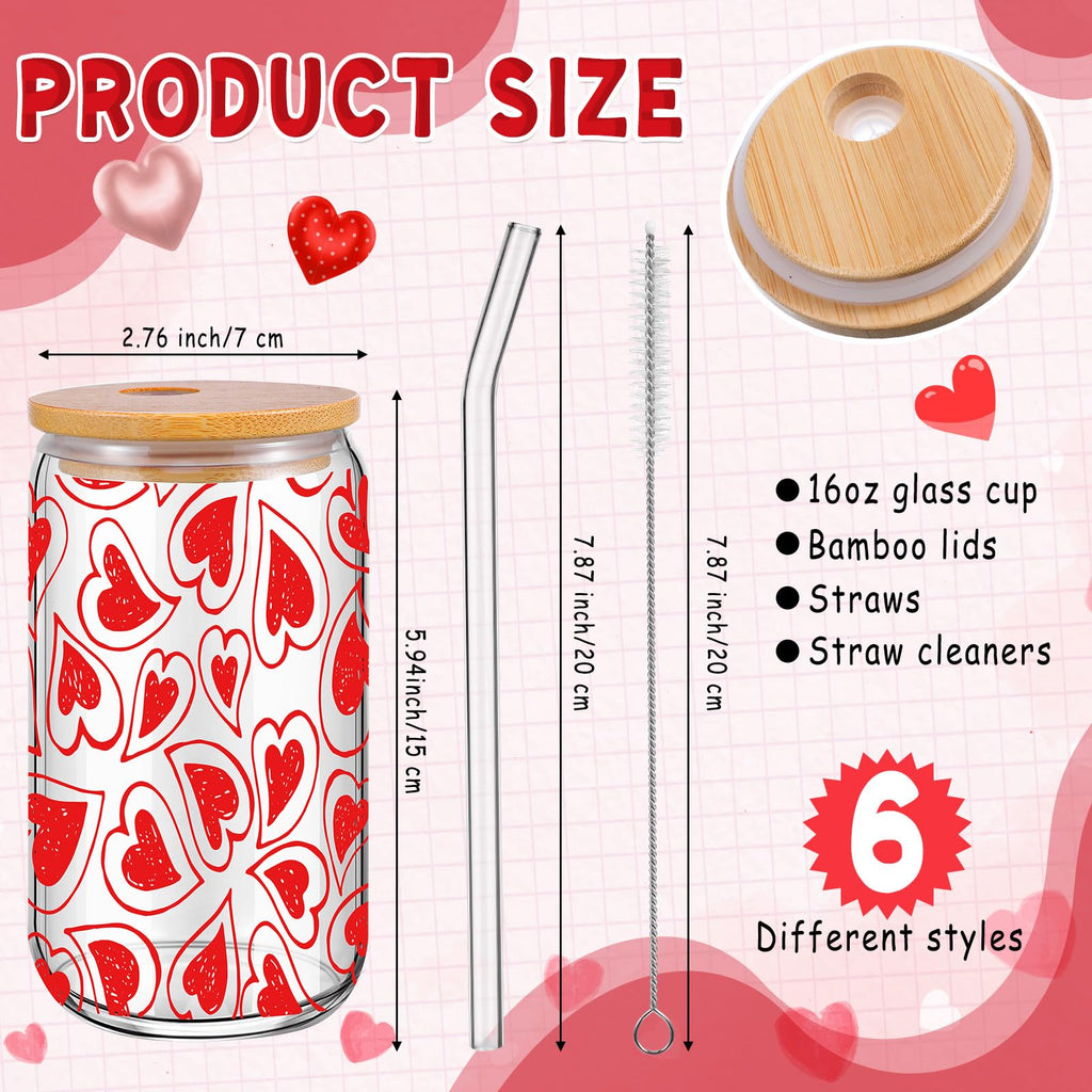 Qinyoung 6 Pcs Valentine's Day Glass Cups with Bamboo Lids and Glass Straws, 16 oz Red Heart Drinking Glasses Set, Reusable Love Iced Coffee Glasses for Galentine's Party Romantic Gifts (Valentines)