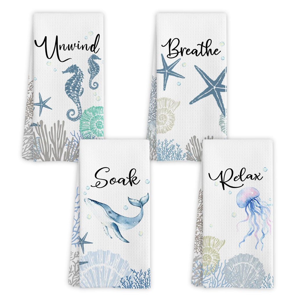 WARDOS Coastal Hand Towels for Bathroom Set of 4, Relax Breathe Soak Unwind Decorative Hand Towels for Gym Yoga Spa Bathroom Kitchen Decor, 16x24 Inch