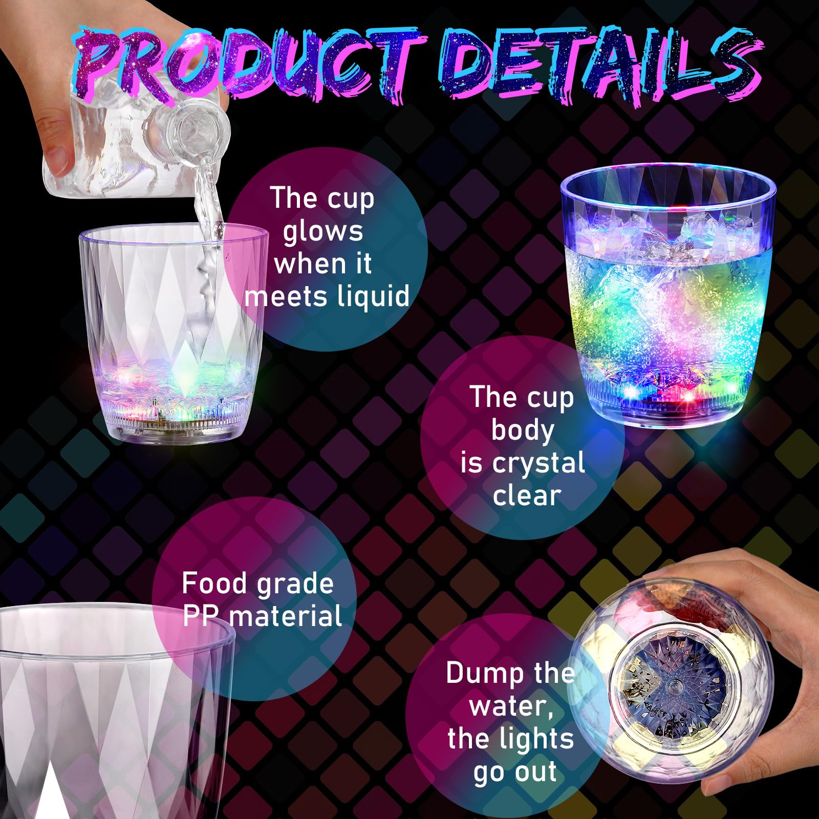 Potchen 24 Pcs 10 oz Plastic Light up Glasses LED Cups for Night Drinking Liquid Activated Glow Party Favor Multicolor Neon Shot Glasses for Disco Bar