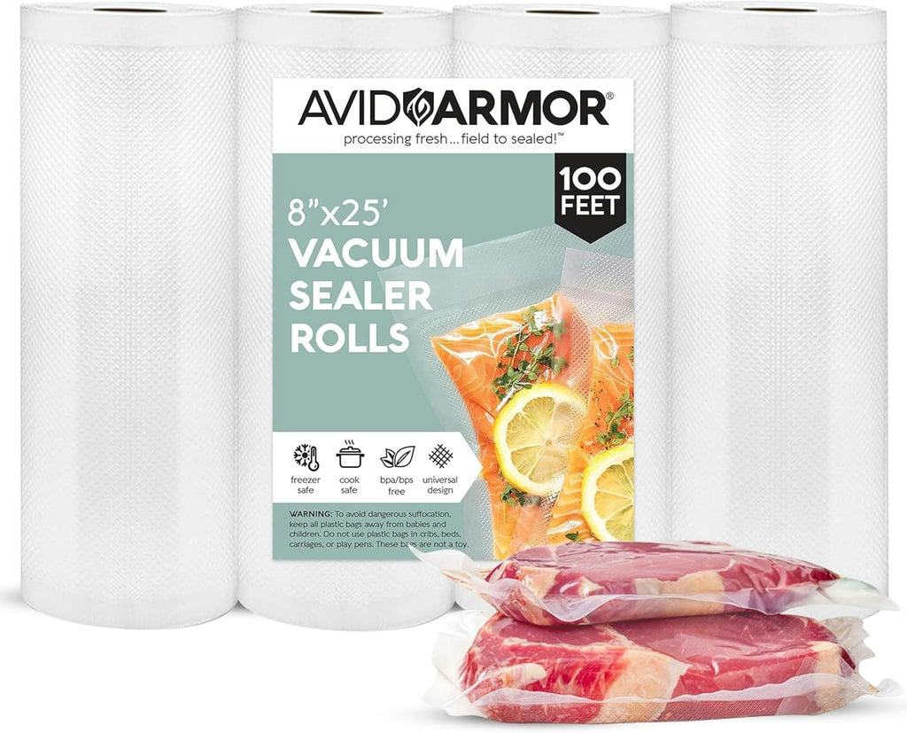 Avid Armor Vacuum Sealer Bags - Heavy Duty 8x25 Rolls | BPA-Free Food Storage & Sous Vide | 4 Pack
