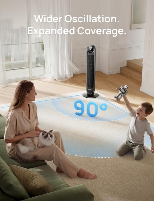 DREO Bladeless Tower Fan - Ultra Quiet 20dB with 8 Speeds & 90° Oscillation | High Velocity 28ft/s, Remote Control, Black