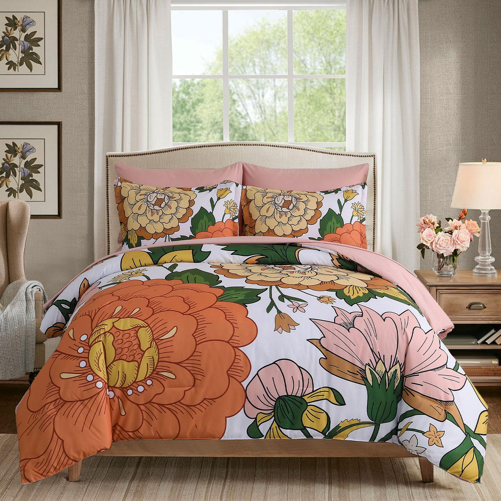 Djoymock Floral Comforter Set, Pink Orange Bedding Set Queen Size 7 Piece Boho Chic Flower Bed in a Bag Revesible Microfiber Winter Down Alternative Bed Set with Pillowcases & Shams,Sheets
