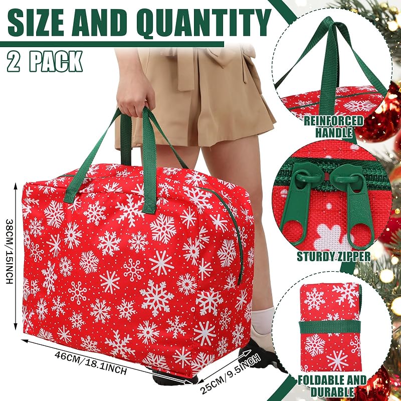 2 Pcs 18x15x10 Inch Snowflake Christmas Ornament Storage Bags with Handles & Zipper - Tear Proof 600D Oxford