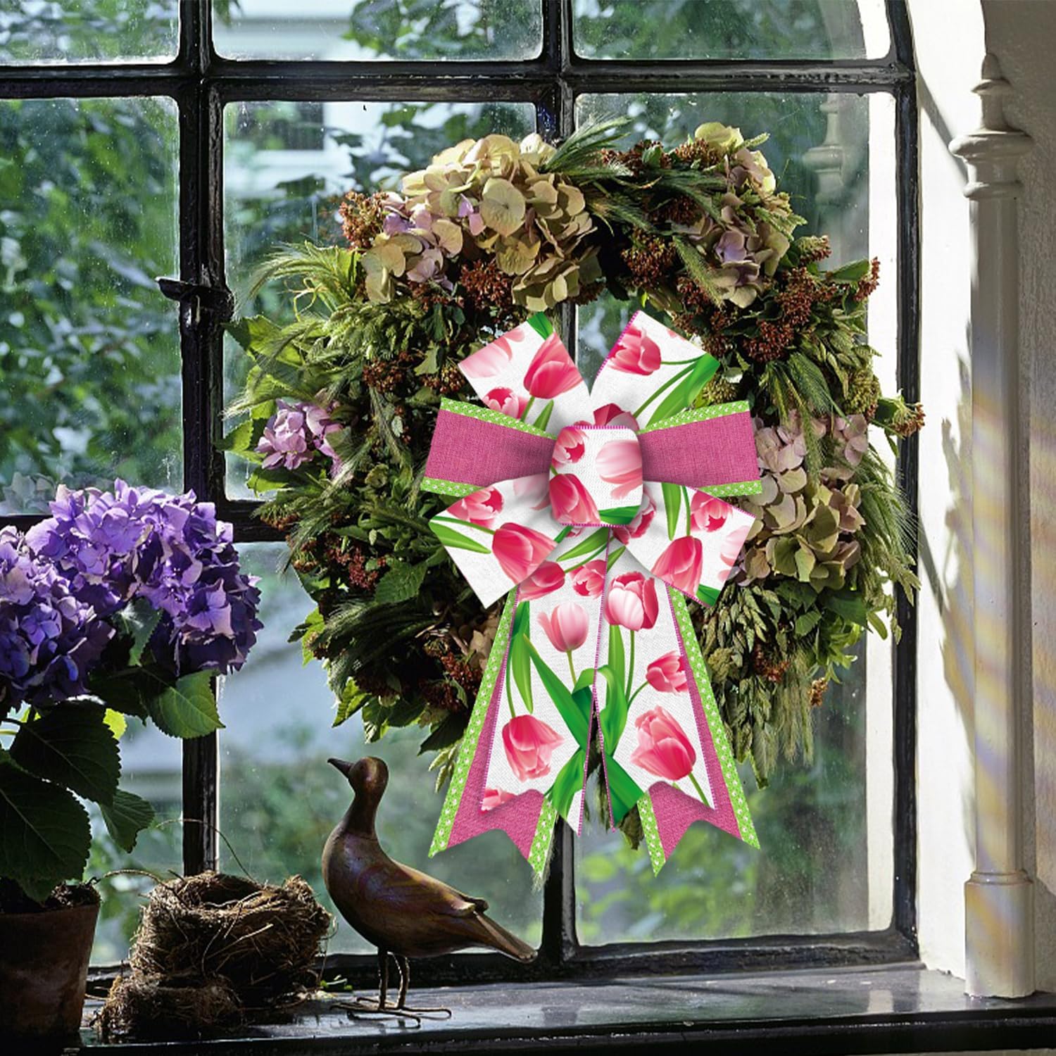 Threetols Floral Wreath Bows - 2 Pack Pink Tulip Design for Indoor/Outdoor Home Decor | DIY Craft