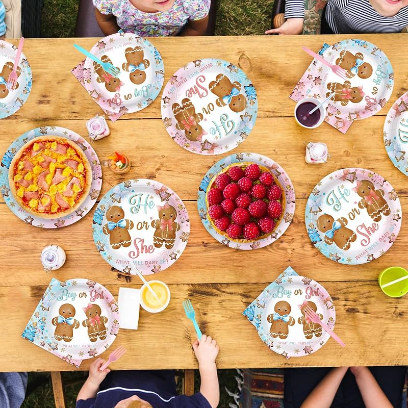 96Pcs Gingerbread Gender Reveal Party Tableware Kit – He or She Plates, Napkins & Forks, 24 Serves