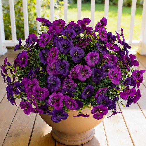 StyleNest 12 Piece Outdoor Artificial Flowers Fake Pansies -Two-Tone Faux Flowers per Stem, UV Resistant for Indoor Outdoor Porch Garden Planters Patio Window Box Home Decor(Purplish Red)