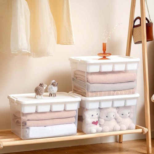 Citylife 32 QT Stackable Storage Bins - Tool Box Organizer with Lid & Removable Tray for Beads & Sewing