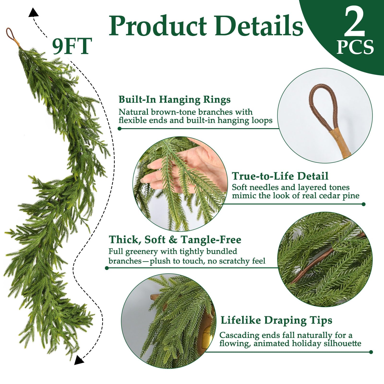 2 PCS 9 FT Artificial Norfolk Pine Garland, Real Touch Christmas Garland, Faux Winter Pine Garland for Fireplace Mantle Table Wall Stair Indoor Outdoor Xmas Holiday Christmas Decorations
