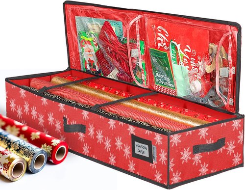 HOLDN' STORAGE Wrapping Paper Storage Container - Durable 600D Tear-Proof, Fits 27 Rolls, Extra Pockets for Ribbons & Bows - Red/White Snowflakes