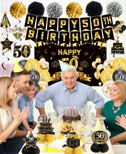 50th Birthday Decorations, Pre-Strung Happy Birthday Banner with Balloons, Backdrop, Honeycomb Centerpieces, Hanging Swirl Streamers, Black Gold Happy Birthday Party Decorations for Men Women