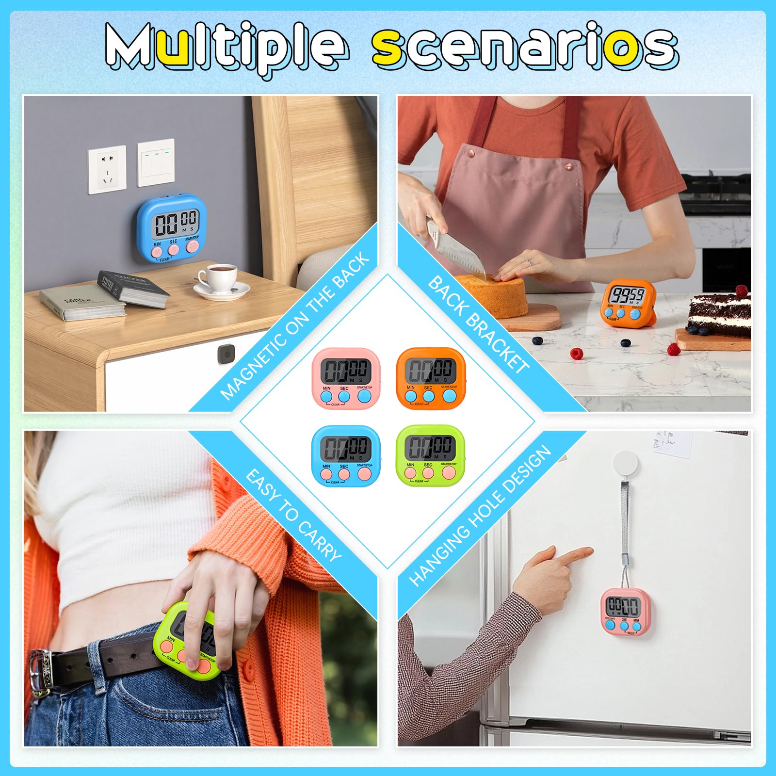 Mwellewm 24 Pcs Digital Timers for Classroom Kitchen Timers for Cooking Small Magnetic Stopwatch 6 Colors Mini Countdown Timer Loud Alarm Stop for Study Work Baking Sports Games Office Timer Clock