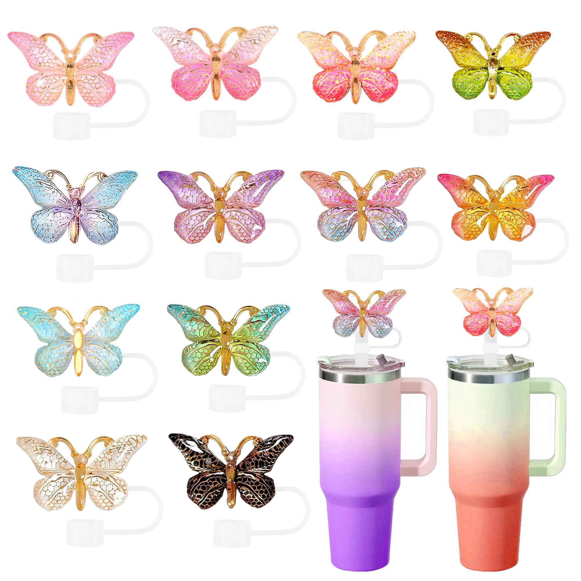 Butterfly Straw Toppers, 12 Pcs Butterfly Straw Cover size 8-10 mm For Stanley Cup 30oz/ 40oz Tumbles, Butterfly Straw Covers Cap Cute Straw Caps for Stanley Cup Keeping Dust