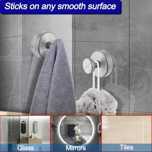 Bntuk Suction Cup Hooks - Removable Bathroom Towel Hooks for Shower & Glass Door | 4 Pack, Silver