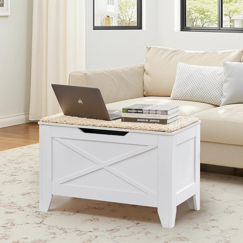 VECELO 30" Storage Bench, Entryway Shoe Ottoman, Farmhouse Style Bench with Handwoven Cushion and Metal Safety Hinges, for Bedroom, Living Room, Entryway, White
