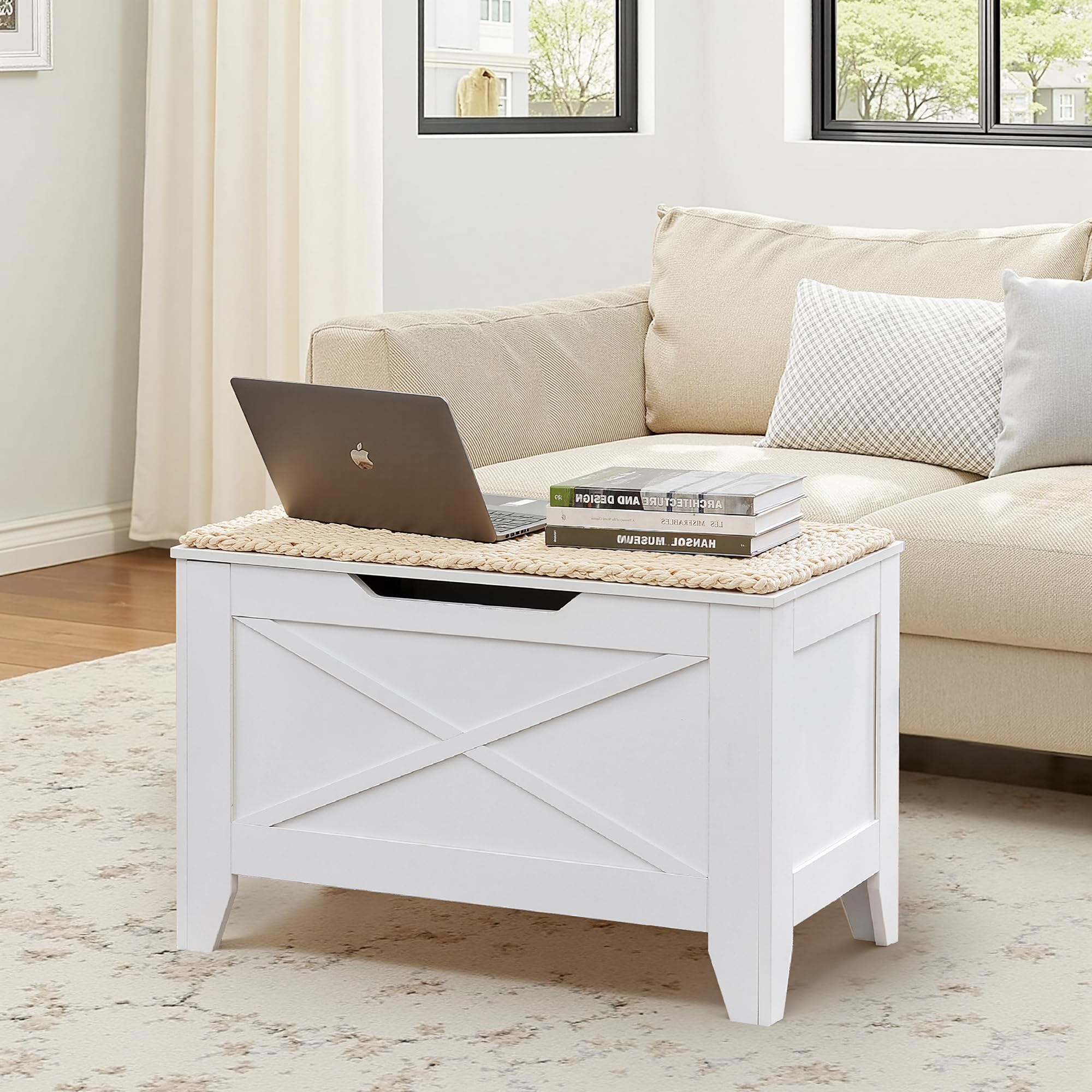 VECELO 30" Storage Bench, Entryway Shoe Ottoman, Farmhouse Style Bench with Handwoven Cushion and Metal Safety Hinges, for Bedroom, Living Room, Entryway, White