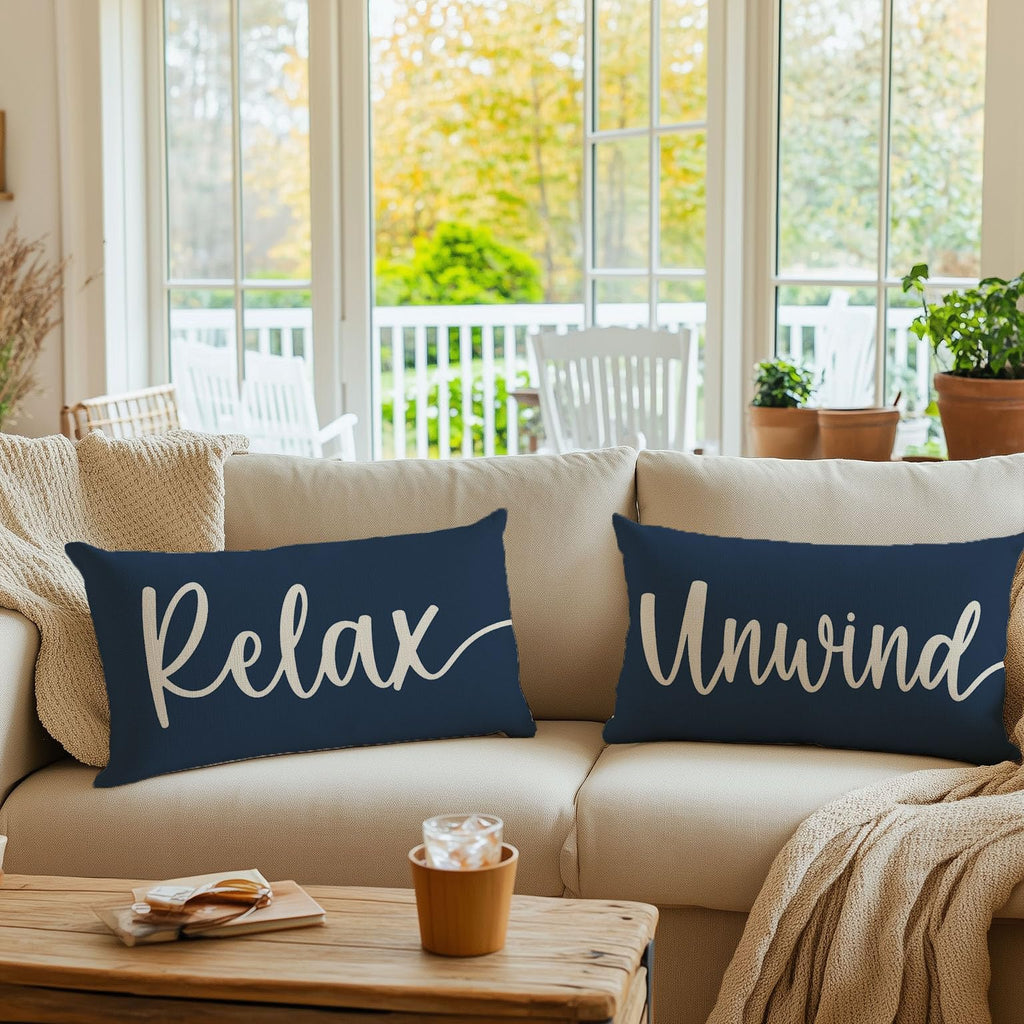HERHOME Decorative Throw Pillow Covers 12x20 Inch Set of 2 Relax Unwind Navy Blue Outdoor Coastal Spring Summer Front Porch Patio Decor Lumbar Cushion Case Decoration for Home Sofa Couch Living Room