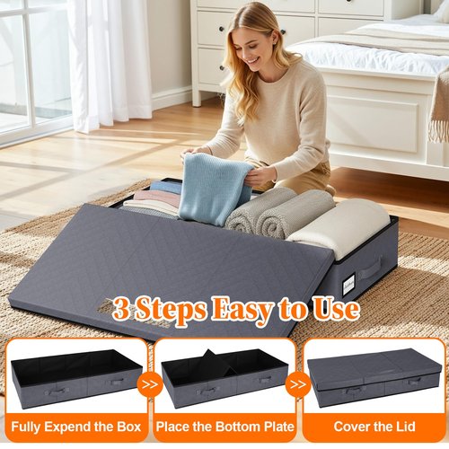 StoreHappily Under Bed Storage Containers with Lids - 2 Pack, Foldable and Stackable Clothes Storage Bags with Clear Window, 3-Sided Handles and Label Slot for Clothing, Blankets, Pillows (Grey)