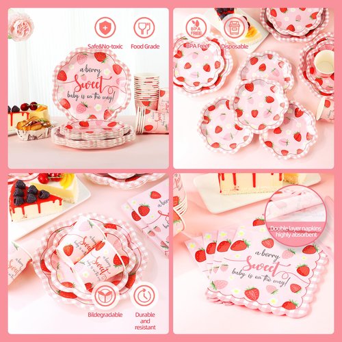 Gudvilla Strawberry Baby Shower Decorations for Girl, Berry Sweet Baby Shower Plates and Cups and Napkins Sets Serves 24, Strawberry Plates, A Berry Sweet Baby Is On The Way Decorations, Girl