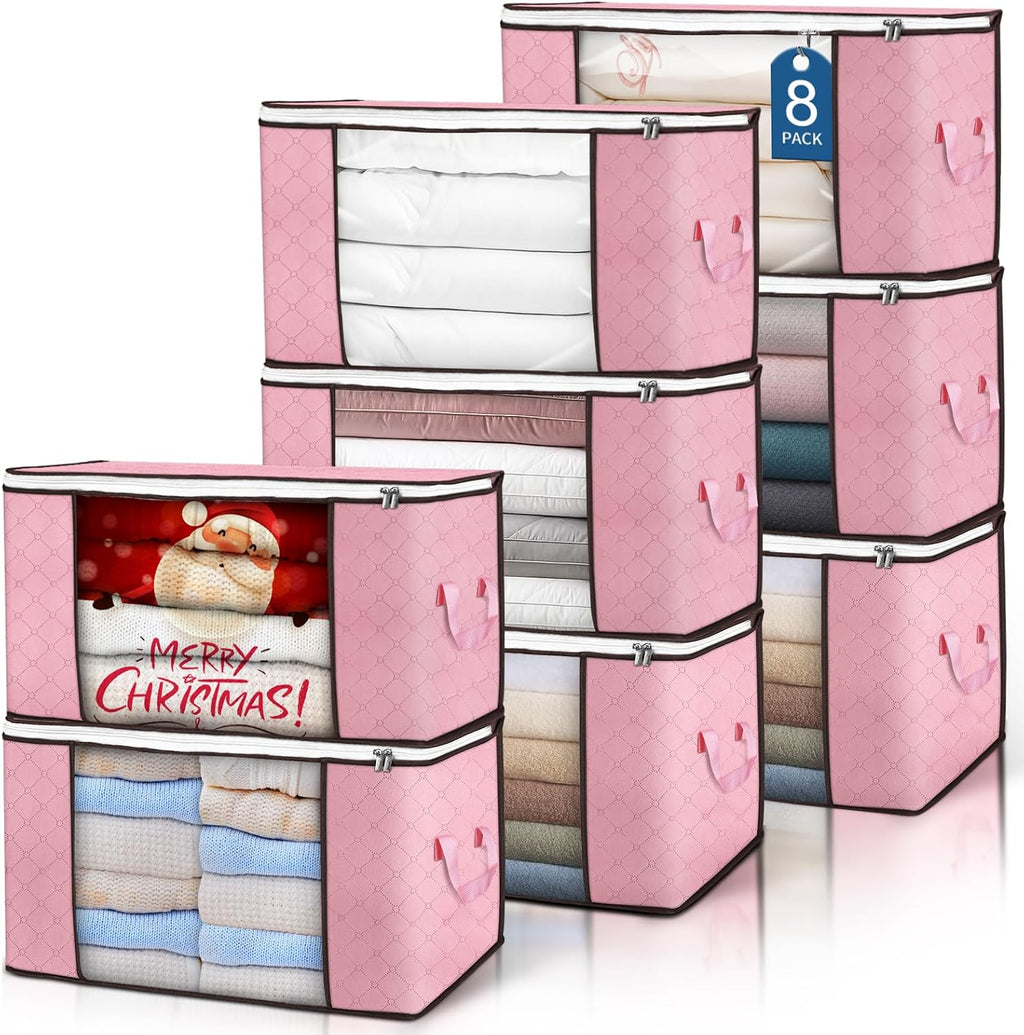Skiennix 90L Large Storage Bags - 8 Pack Foldable Closet Organizers for Clothes, Blankets & Toys | Pink