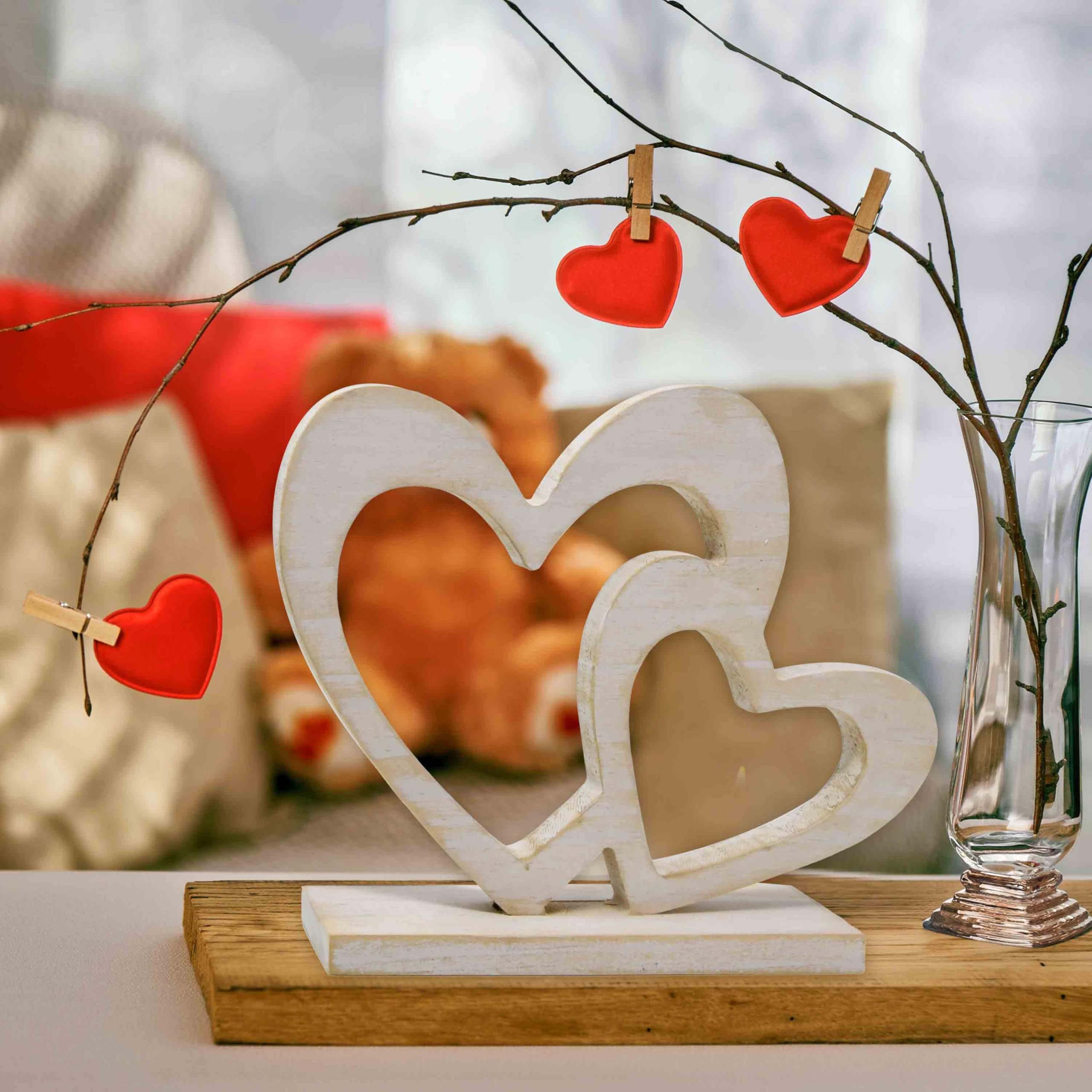 Rustic Wooden Double Heart Tabletop Decor – Interlocking Hearts Wedding Centerpiece, Engagement, Bridal Shower & Anniversary Party Decoration Gift