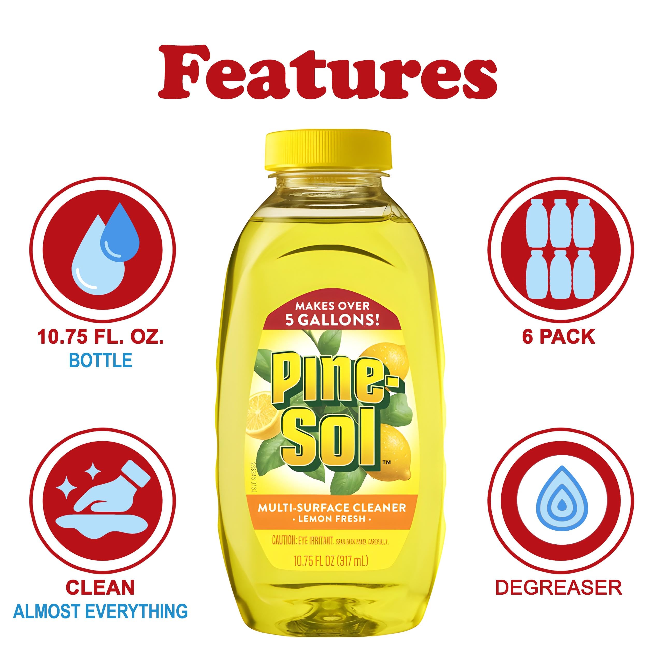 Pine-Sol Multi Surface Cleaner, 6 Pack, Concentrated Multi Purpose Cleaner and Degreaser for Kitchen and Bathroom, Makes 5 Gallons, Lemon Fresh Scent, 10.75 oz. Each