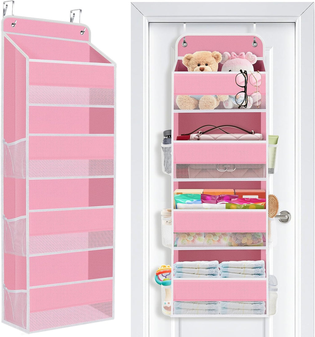 SpaceWhisper Over The Door Organizer - 4 Large Pocket Hanging Storage for Nursery, Bathroom & Closet (Pink)